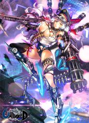 Rule 34 | 1girl, ammunition, ammunition belt, arm belt, bad id, bad pixiv id, bare shoulders, between breasts, black gloves, black thighhighs, blue buruma, bouncing breasts, breasts, buruma, cameltoe, center opening, covered erect nipples, dual wielding, fingerless gloves, flying, full body, gatling gun, gloves, gun, hat, hexagon, holding, large breasts, long hair, looking at viewer, mecha musume, namyo, open clothes, open mouth, open shirt, peaked cap, ribbon-trimmed legwear, ribbon trim, science fiction, shirt, single thighhigh, sleeveless, sleeveless shirt, solo, tareme, thigh strap, thighhighs, torn buruma, torn clothes, unbuttoned, unleashed, very long hair, wavy hair, weapon, white hair, yellow eyes