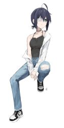 Rule 34 | 1girl, ahoge, black camisole, blue eyes, blue hair, blue pants, camisole, chuunibyou demo koi ga shitai!, closed mouth, denim, eyepatch, full body, gunu (nyzn3223), highres, jeans, long sleeves, looking to the side, medical eyepatch, one side up, pants, shirt, shoes, short hair, simple background, sitting, sleeveless, sneakers, solo, takanashi rikka, torn clothes, torn pants, white background, white footwear, white shirt