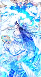 Rule 34 | 1girl, absurdres, bare shoulders, bird, blue dress, blue eyes, blue sky, blush, closed mouth, cloud, color guide, dress, feathers, from behind, hair ornament, highres, holding, long hair, looking at viewer, noyu (noyu23386566), off-shoulder dress, off shoulder, original, reflection, skirt, sky, smile, solo, very long hair, white dress, white headwear