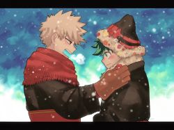 Rule 34 | 2boys, bakugou katsuki, black coat, black headwear, blonde hair, blush, boku no hero academia, breath, brown gloves, closed mouth, coat, commentary request, flower, from side, fur-trimmed coat, fur-trimmed headwear, fur trim, gaagyeo, gloves, green eyes, green hair, hat, hat flower, highres, holding, holding flower, korean commentary, letterboxed, long sleeves, looking at another, male focus, midoriya izuku, multiple boys, open mouth, red eyes, red scarf, scarf, short hair, snowing, spiked hair, upper body, winter clothes