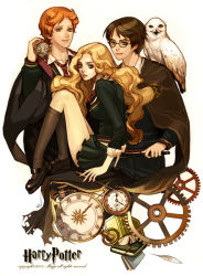 Rule 34 | 1girl, 2boys, alternate breast size, alternate hair color, animal, animal on shoulder, animification, bird, bird on shoulder, blonde hair, book, breasts, brown hair, cape, clock, copyright name, feathers, friends, gears, glasses, green eyes, harry potter, harry potter (series), harry potter and the prisoner of azkaban, hedwig, hermione granger, hogwarts uniform, kneehighs, large breasts, long hair, maggi, mouse (animal), multiple boys, necktie, orange hair, owl, quill, red hair, ron weasley, scabbers, scar, scar on face, scar on forehead, school, school uniform, serafuku, short hair, skirt, smile, socks, wand, witch, wizard, wizarding world