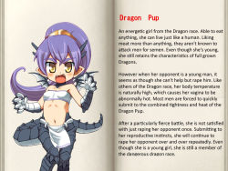 Rule 34 | 1girl, character profile, child, dragon girl, papi (mon-musu quest!), mon-musu quest!, monster girl, ponytail, purple hair, tagme, text focus, translated