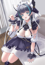 Rule 34 | 1girl, absurdres, animal ears, apron, aqua eyes, aqua hair, aqua nails, azur lane, blurry, blurry background, breasts, cheshire (azur lane), cleavage, couch, detached sleeves, fake animal ears, frilled hairband, frilled ribbon, frills, hairband, highres, indoors, large breasts, long ribbon, looking at viewer, maid headdress, multicolored hair, nail polish, on couch, paw pose, pomegranate nana, puffy detached sleeves, puffy sleeves, purple apron, purple hair, ribbon, solo, streaked hair, two-tone hair, wrist cuffs