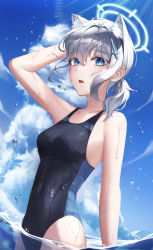 Rule 34 | 1girl, absurdres, animal ear fluff, animal ears, black one-piece swimsuit, blue archive, blue eyes, blue sky, breasts, cloud, competition swimsuit, covered navel, cross hair ornament, extra ears, grey hair, hair ornament, halo, highres, low ponytail, medium breasts, medium hair, mismatched pupils, multicolored clothes, multicolored swimsuit, one-piece swimsuit, partially underwater shot, shiroko (blue archive), shiroko (swimsuit) (blue archive), sky, solo, swimsuit, water, youwon0417