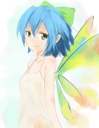 Rule 34 | 1girl, alternate wings, aqua eyes, bare shoulders, blue eyes, blue hair, bow, cirno, dress, fairy wings, hair bow, highres, light smile, matching hair/eyes, short hair, solo, sundress, tears, touhou, wings, yammy (artist), yammy (cellblo)