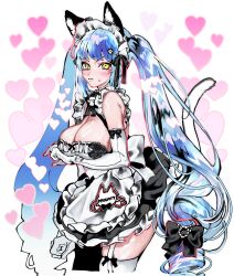 Rule 34 | 1girl, absurdres, animal ears, apron, arm under breasts, black dress, blue hair, blush, breasts, cat ears, cat tail, character name, dress, drill hair, elbow gloves, fake animal ears, fake tail, gloves, goddess of victory: nikke, heart, highres, large breasts, legwear garter, light blue hair, long hair, looking at viewer, maid, maid headdress, neck bell, official alternate costume, paw hair ornament, privaty (nikke), privaty (unkind maid) (nikke), solo, sweatdrop, tail, thighhighs, twin drills, twintails, user ktws2773, very long hair, white apron, white gloves, white thighhighs, yellow eyes