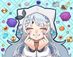 Rule 34 | 1girl, and uge, blue background, blue flower, blue nails, blush, braid, candy, checkerboard cookie, circle facial mark, closed eyes, commentary, cookie, dress, finger to cheek, fingernails, flower, food, grey hair, grin, hair flower, hair ornament, hairpods, heart-shaped cookie, highres, hood, hood up, hooded dress, ima tyokenko, long hair, long sleeves, macaron, medium bangs, nanashi inc., purple flower, purple rose, rose, sidelocks, smile, snail, solo, star (symbol), star hair ornament, symbol-only commentary, upper body, virtual youtuber, white dress, winding key