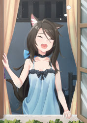 Rule 34 | 1girl, absurdres, aina (mao lian), animal ear fluff, animal ears, black hair, cat ears, cat tail, chair, chemise, choker, closed eyes, collarbone, curtains, desk, facing viewer, fang, highres, lifted by tail, long hair, mao lian (nekokao), open mouth, open window, original, ponytail, solo, swept bangs, tail, window, yawning