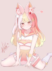 Rule 34 | absurdres, alice cream, animal ears, blonde hair, closed mouth, clothes writing, commentary, dated, english commentary, food, fruit, full body, hair ornament, heart, highres, ice cream, indie virtual youtuber, looking at viewer, multicolored hair, natch imaycz, pink eyes, pink hair, pink skirt, rabbit hair ornament, red hair, short eyebrows, signature, sitting, skirt, socks, strawberry, virtual youtuber, wariza, white socks, x hair ornament