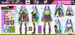 Rule 34 | 1girl, ahoge, animal ears, artist name, bare shoulders, black footwear, black jacket, black leotard, black pantyhose, black sleeves, blue hair, boots, breasts, character sheet, choker, commentary request, concept art, detached sleeves, eyelashes, facial mark, fairy (agency), from behind, from side, full body, gradient hair, green hair, hair ornament, high heel boots, high heels, highleg, highleg leotard, highres, jacket, kubota masaki, large breasts, leotard, long hair, long sleeves, mask, mouth mask, multicolored clothes, multicolored hair, multicolored jacket, multiple views, nerou vivi, off shoulder, pantyhose, pink jacket, print jacket, purple eyes, purple sleeves, purple thighhighs, single leg pantyhose, tail, text print, thighhighs, torn clothes, torn pantyhose, translation request, very long hair, virtual youtuber, wolf ears, wolf tail, x hair ornament, yellow jacket