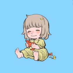 Rule 34 | 1girl, barefoot, blue background, bob cut, chibi, closed mouth, dragon (remains) (dungeon meshi), dress, dungeon meshi, facing viewer, falin touden, flower, full body, grey hair, hashtag-only commentary, highres, holding, kara 0907, petals, short hair, simple background, sitting, smile, soles, yellow flower