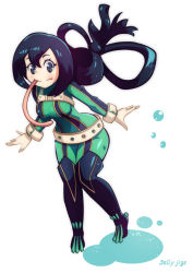 Rule 34 | 1girl, :&gt;, artist name, asui tsuyu, black eyes, black hair, bodysuit, boku no hero academia, breasts, closed mouth, frog girl, full body, gloves, green bodysuit, hair between eyes, hair rings, jellyjigs, long hair, long tongue, looking at viewer, low-tied long hair, medium breasts, smile, solo, tongue, tongue out, wide hips, wrists extended