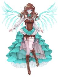 Rule 34 | 1girl, aqua skirt, blue eyes, boots, breasts, brown footwear, brown hair, chain paradox, cross-laced footwear, double bun, energy wings, flower, garter straps, hair bun, hair flower, hair ornament, highres, knee boots, lace-up boots, long hair, long sleeves, looking at viewer, mitoma mao, se00tu, skirt, small breasts, thighhighs, transparent background, white thighhighs, wings