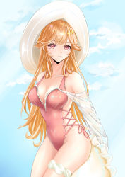 Rule 34 | 1girl, artist request, azur lane, backless swimsuit, breasts, cleavage, frilled swimsuit, frills, hat, highleg, highleg swimsuit, highres, innertube, large breasts, long hair, multiple straps, one-piece swimsuit, orange hair, pink eyes, pink one-piece swimsuit, richelieu (azur lane), richelieu (fleuron of the waves) (azur lane), see-through, see-through sleeves, side-tie swimsuit, solo, sun hat, swim ring, swimsuit, veins, veiny thighs, white hat, white innertube