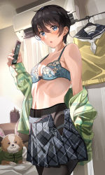Rule 34 | 1girl, :o, air conditioner, animal ears, bed, bed frame, black hair, black pantyhose, blanket, blue bra, blue eyes, blue panties, blush, bra, breasts, cellphone, chikuwa (yurucamp), cleavage, clothes hanger, collarbone, curtains, dog, fake animal ears, green shirt, grey skirt, hair between eyes, highres, holding, holding phone, indoors, light particles, looking at viewer, nail polish, neckerchief, open mouth, panties, panties under pantyhose, pantyhose, phone, plaid, plaid shirt, plaid skirt, plant, pleated skirt, potted plant, rabbit ears, sailor collar, saitou ena, school uniform, shirt, short hair, skirt, small breasts, smartphone, tipii, underwear, undressing, unfastened, uniform, white neckerchief, yurucamp