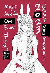 2023 animal_ears chinese_zodiac cowboy_shot dress english_text fake_animal_ears greyscale_with_colored_background happy_new_year highres long_hair new_year rabbit_ears red_background saigo_ni_hitotsu_dake_onegai_shite_mo_yoroshii_deshou_ka scarlet_el_vandimion simple_background sketch spot_color troly_haluo year_of_the_rabbit