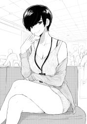 Rule 34 | 1girl, arm across waist, badge, bare shoulders, black hair, bra strap, breasts, cardigan, ceiling, chair, cleavage, closed mouth, collarbone, couch, crossed legs, desk, dress, earrings, greyscale, highres, id card, indoors, jewelry, lanyard, looking at viewer, monitor, monochrome, name tag, necklace, norman maggot, off shoulder, olive laurentia, original, pixie cut, ribbed dress, short hair, sleeveless, sleeveless dress, smile, solo focus, tile ceiling, tiles