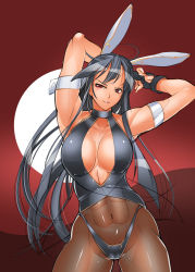 Rule 34 | 1girl, abs, animal ears, arm strap, armpits, arms behind head, arms up, black gloves, black hair, black pantyhose, bowalia, breasts, cleavage, collarbone, fake animal ears, fingerless gloves, gloves, large breasts, leotard, long hair, muscular, muscular female, navel, original, pantyhose, playboy bunny, rabbit ears, red eyes, solo, toned, uneven eyes, very long hair