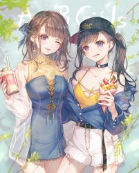 Rule 34 | 2girls, :q, ao+beni, asymmetrical bangs, bare shoulders, baseball cap, belt, belt buckle, black belt, black hat, blouse, blue choker, blue dress, blue jacket, blue ribbon, blurry, blush, braid, branch, breasts, brown eyes, brown hair, buckle, buttons, camisole, choker, cleavage, closed mouth, clothes writing, collarbone, commentary request, cowboy shot, crepe, crop top, cup, dappled sunlight, depth of field, dessert, dress, drinking glass, drinking straw, earrings, fingernails, floral print, food, french braid, fruit, hair ribbon, hat, head tilt, holding, holding cup, holding food, jacket, jewelry, leaf, legs apart, legs together, long hair, long sleeves, looking at viewer, medium breasts, multiple girls, nail polish, o-ring, o-ring choker, off shoulder, one eye closed, original, partially unbuttoned, ponytail, print shirt, purple eyes, ribbon, see-through, shadow, shirt, short dress, shorts, sleeveless, sleeveless shirt, smile, standing, strapless, strapless dress, strawberry, sunlight, swept bangs, tongue, tongue out, white shorts, yellow camisole, yellow shirt