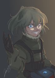 Rule 34 | 1girl, absurdres, blonde hair, blue eyes, brown gloves, constricted pupils, crazy smile, danieri, evil smile, female focus, fur-trimmed collar, fur trim, gloves, gradient background, grey background, grin, highres, leather, leather gloves, looking at viewer, pilot suit, ponytail, shaded face, simple background, smile, solo, tan background, tanya degurechaff, uneven eyes, upper body, youjo senki