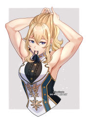 Rule 34 | 1girl, absurdres, armpits, arms up, blonde hair, border, breasts, commentary, cross, cross earrings, earrings, english commentary, genshin impact, grey background, hair between eyes, hair tie, highres, jean (genshin impact), jean (gunnhildr&#039;s legacy) (genshin impact), jewelry, jhorliearts, simple background, solo, twitter username, two-tone background, upper body, watermark, white border