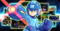 Rule 34 | 1boy, android, arm cannon, blue eyes, blue gloves, blue headwear, capcom, clenched hand, gloves, helmet, male focus, mega man (classic), mega man (series), mega man 11, outstretched arm, smile, solo, ultimatemaverickx, weapon
