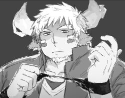 Rule 34 | 1boy, animal ears, armband, bara, cow boy, cow ears, cow horns, facial hair, fiery horns, forked eyebrows, gakuran, glaring, glowing horns, goatee, greyscale, haishiba ame, hands up, horns, jitome, looking at viewer, male focus, monochrome, school uniform, short hair, sideburns stubble, solo, spiked hair, stubble, tearing clothes, thick eyebrows, tokyo houkago summoners, torn clothes, upper body, wakan tanka