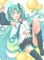 Rule 34 | 1girl, aqua hair, aqua necktie, arm up, bad id, bad pixiv id, blouse, closed eyes, collared shirt, detached sleeves, hatsune miku, highres, kaneni, long hair, loose thighhigh, lying, navel, necktie, on back, open mouth, pastel colors, saliva, shirt, skirt, sleeping, sleeveless, sleeveless shirt, solo, thighhighs, twintails, very long hair, vocaloid, white shirt