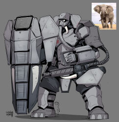 Rule 34 | ambiguous gender, animal ears, animal helmet, arm mounted weapon, armor, artist self-insert, body armor, boots, creature and personification, elephant, elephant ears, full armor, full body, gas mask, gegegekman, gloves, grey background, grey pants, gun, helmet, highres, holding, holding gun, holding shield, holding weapon, mask, no humans, original, pants, personification, photo inset, riot shield, shadow, shield, shin guards, shoulder armor, signature, solo, standing, tusks, weapon