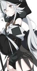 Rule 34 | 1girl, ?, arknights, black sleeves, brown eyes, cowboy shot, detached sleeves, dutch angle, green hair, grey hair, highres, holding, holding staff, hood, hood up, multicolored hair, pelvic curtain, pointy ears, see-through, signal 1120, skindentation, solo, staff, standing, streaked hair, thighs, tomimi (arknights), white background