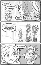 Rule 34 | 1boy, 2girls, 3koma, archaic set (zelda), arrow (projectile), bow (weapon), closed mouth, comic, commentary, english commentary, english text, greyscale, highres, karin (zelda), link, looking at viewer, mastectomy scar, monochrome, multiple girls, nintendo, nipples, open mouth, pointy ears, princess zelda, raysdrawlings, scar, scar on chest, short hair, shrugging, smile, speech bubble, standing, the legend of zelda, the legend of zelda: tears of the kingdom, weapon