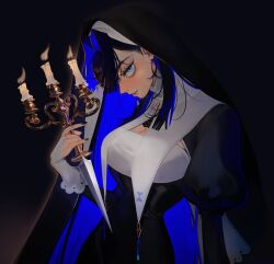 Rule 34 | 1girl, alternate costume, black hair, blue eyes, blue hair, candle, candlestand, colored inner hair, cross, eus ing, fangs, habit, hair intakes, highres, holding, holding candle, holding knife, hololive, hololive english, knife, long hair, looking at viewer, multicolored hair, nail polish, nun, ouro kronii, solo, virtual youtuber