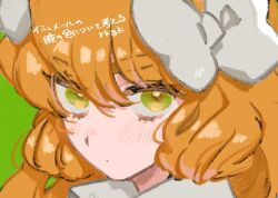 Rule 34 | 1girl, blush, bow, closed mouth, collared shirt, green background, green eyes, hair bow, ishmael (project moon), limbus company, long hair, looking at viewer, orange hair, portrait, project moon, shirt, sidelocks, simple background, solo, uchimura (rino0525), very long hair, white bow, white shirt