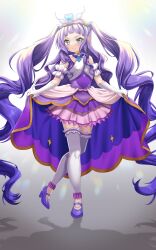 Rule 34 | 1girl, aqua eyes, backlighting, brooch, closed mouth, clothing cutout, commentary, cure majesty, curtsey, dress, earclip, ellee-chan, full body, gloves, hair ornament, half-dress, high heels, highres, hirogaru sky! precure, jewelry, kanda kaname, layered skirt, long hair, looking at viewer, magical girl, miniskirt, precure, purple dress, purple footwear, purple hair, purple skirt, short sleeves, shoulder cutout, skirt, skirt hold, smile, solo, standing, standing on one leg, thighhighs, two side up, very long hair, white gloves, white thighhighs, wing brooch, wing hair ornament
