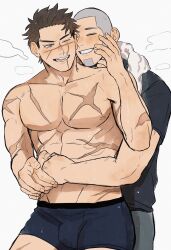 Rule 34 | 2boys, abs, absurdres, bara, black hair, black male underwear, black pants, black shirt, blush, closed eyes, couple, facial hair, facial scar, golden kamuy, grey hair, highres, hug, hug from behind, large pectorals, looking at another, male focus, male underwear, multiple boys, muscular, muscular male, nipples, one eye closed, open mouth, pants, pectorals, scar, scar on arm, scar on cheek, scar on chest, scar on face, scar on mouth, scar on nose, shiraishi yoshitake, shirt, short hair, simple background, smile, sugimoto saichi, teeth, ton (ton19130318), topless male, underwear, very short hair, white background, yaoi