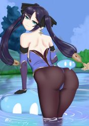 Rule 34 | 1girl, 2others, absurdres, artist name, ass, bare shoulders, black hair, blush, breasts, detached sleeves, elbow gloves, embarrassed, from behind, genshin impact, gloves, green eyes, hair ornament, hair ribbon, hat, highres, huge ass, leotard, long hair, looking at viewer, mona (genshin impact), monster, multiple others, pantyhose, ribbon, ruper allmighty, shiny skin, sideboob, slime (genshin impact), thick thighs, thighs, thong leotard, twintails, very long hair, water, wavy mouth