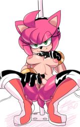 Rule 34 | 1girl, ahoge, amy rose, ass, bigdead, boots, breasts, clitoris, eyelashes, female focus, furry, furry female, green eyes, hairband, hedgehog, highres, medium breasts, naughty face, navel, nipples, nude, pink fur, pole, pussy, sega, smile, solo, sonic (series), squatting, stripper pole, tail, thighhighs, uncensored, white background