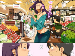 Rule 34 | 1girl, artist name, bag, bare shoulders, basket, black shirt, blush, breasts, cabbage, carrying, ceiling, cleavage, closed mouth, collar, cucumber, drooling, eye contact, facial hair, feet, floating hair, food, fruit, grabbing, green pants, green shirt, large breasts, legs, lettuce, long hair, looking at another, market, matching hair/eyes, melon, midriff, mole, mole under mouth, momonose sandochou! sekikoiyama ni iru toira-san no hentai shuusei, motion lines, mustache, navel, no eyes, o/p.com, off shoulder, sound effects, open mouth, orgasm, original, pants, plastic bag, public indecency, purple eyes, purple hair, saliva, shirt, shoes, smile, sneakers, standing, thighs, tomato, vegetable, volvox