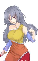 Rule 34 | 1girl, breasts, brown eyes, collarbone, commentary, detached sleeves, dress, grey hair, highres, kakone, large breasts, long hair, looking at viewer, multicolored clothes, multicolored dress, one-hour drawing challenge, open mouth, sakata nemuno, simple background, single-shoulder dress, solo, touhou, white background