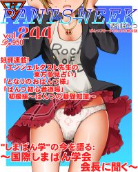 Rule 34 | 10s, 1girl, animal print, brown hair, cat panties, cat print, clothes writing, dr rex, english text, head out of frame, idolmaster, idolmaster cinderella girls, jewelry, necklace, open mouth, panties, print panties, short hair, solo, tada riina, underwear, white panties