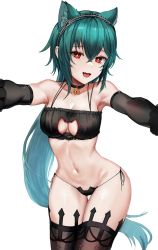 Rule 34 | + +, 1girl, :d, animal ears, armpits, bare shoulders, bell, bianca (black survival), black bra, black choker, black gloves, black survival, bra, breasts, brown thighhighs, cat cutout, cat ear panties, cat ears, cat lingerie, choker, cleavage, cleavage cutout, clothing cutout, cowboy shot, dano, elbow gloves, eternal return: black survival, extra ears, fang, frilled bra, frills, gloves, gluteal fold, green hair, hairband, highres, hug, jingle bell, kemonomimi mode, long hair, looking at viewer, low ponytail, medium breasts, meme attire, navel, open mouth, outstretched arms, panties, red eyes, side-tie panties, simple background, smile, solo, spaghetti strap, standing, star-shaped pupils, star (symbol), stomach, string panties, symbol-shaped pupils, thigh gap, thighhighs, thighs, underwear, very long hair, white background