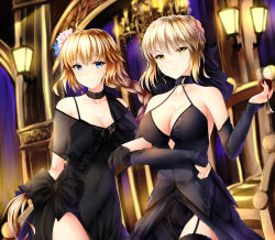 Rule 34 | 2girls, ahoge, alcohol, arm behind back, armpit peek, artoria pendragon (all), artoria pendragon (fate), bare shoulders, black bow, black choker, black gloves, black legwear, black ribbon, blonde hair, blue eyes, blue flower, blurry, blurry background, bow, braid, breasts, chandelier, choker, cleavage, closed mouth, collarbone, commentary, covered navel, cowboy shot, cup, detached sleeves, dress, drinking glass, fate/apocrypha, fate/grand order, fate (series), floating hair, flower, french braid, garter straps, gloves, hair between eyes, hair flower, hair ornament, hair ribbon, halterneck, highres, holding, holding cup, holding drinking glass, indoors, jeanne d&#039;arc (fate), jeanne d&#039;arc (formal dress) (fate), jeanne d&#039;arc (ruler) (fate), lamp, large breasts, locked arms, looking at viewer, multiple girls, pink flower, ribbon, saber alter, see-through, short hair, sidelocks, single braid, sleeveless, sleeveless dress, smile, standing, symbol-only commentary, thighhighs, tsurime, v-shaped eyebrows, wine, wine glass, wsman, yellow eyes