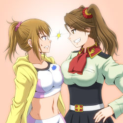 Rule 34 | 10s, 2girls, angry, ascot, asymmetrical docking, blue eyes, blush, breast press, breasts, brown eyes, brown hair, clenched teeth, eye contact, female focus, gradient background, grin, gundam, gundam build fighters, gundam build fighters try, hiro yoshinaka, hoshino fumina, jacket, large breasts, long hair, looking at another, multiple girls, navel, ponytail, sazaki kaoruko, scrunchie, smile, sports bra, stare down, tank top, teeth, twintails
