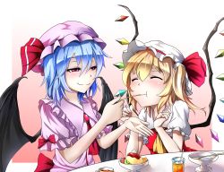 Rule 34 | 2girls, bat wings, blonde hair, blue hair, bowl, brooch, closed eyes, cup, dress, drinking glass, feeding, flandre scarlet, food, hat, hat ribbon, highres, jewelry, mob cap, multiple girls, name connection, object namesake, pink dress, pudding, puffy short sleeves, puffy sleeves, red dress, remilia scarlet, ribbon, short sleeves, siblings, sisters, smile, spoon, table, tatetsuki, teacup, touhou, wings