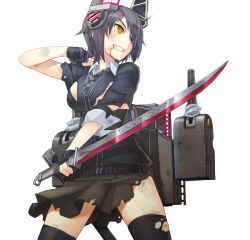 Rule 34 | 10s, 1girl, black gloves, black hair, black thighhighs, blood, cardigan, clenched teeth, eyepatch, gloves, headgear, itou (onsoku tassha), kantai collection, machinery, personification, short hair, skirt, solo, sword, teeth, tenryuu (kancolle), thighhighs, torn clothes, torn thighhighs, weapon, white background