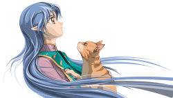 Rule 34 | 1girl, artist request, blue hair, brown eyes, cat, circlet, diaho, frown, green eyes, highres, holding, hug, lafiel, long hair, looking up, pointy ears, profile, seikai no senki, simple background, solo, turtleneck, upper body, very long hair