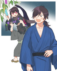 Rule 34 | 1girl, 2boys, :p, alternate costume, arm at side, bamboo, black hair, blue kimono, border, brown eyes, brown hair, collarbone, colored eyelashes, fate/grand order, fate (series), grey kimono, hair over one eye, hand on another&#039;s head, highres, japanese clothes, kimono, long hair, long sleeves, multiple boys, okada izou (fate), oneroom-disco, open mouth, oryou (fate), ponytail, sakamoto ryouma (fate), sandals, scarf, star (sky), tanabata, tanzaku, tongue, tongue out, very long hair, white border, wide sleeves, zouri