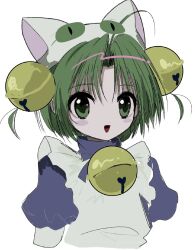 Rule 34 | 1girl, animal hat, antenna hair, apron, bell, cat hat, dejiko, di gi charat, green eyes, green hair, hair bell, hair ornament, hat, highres, looking at viewer, maid apron, pepeppepe101, short hair, smile, solo