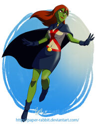 Rule 34 | 1girl, alien, cape, colored skin, dc comics, gloves, green skin, long hair, miss martian, paper-rabbit, red hair, solo, superhero costume, young justice
