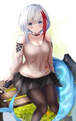Rule 34 | 1girl, admiral graf spee (azur lane), admiral graf spee (peaceful daily life) (azur lane), azur lane, bag, bare shoulders, black choker, black pantyhose, black skirt, blue eyes, blush, breasts, brown sweater, button gap, choker, cleavage, clothing cutout, collarbone, feet out of frame, fins, fish tail, grass, highres, long sleeves, looking at viewer, medium breasts, miniskirt, multicolored hair, on bench, panipo, pantyhose, parted lips, red hair, shoulder cutout, sidelocks, silver hair, sitting, skirt, solo, streaked hair, sweater, tail